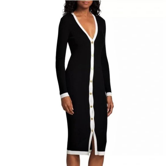 NWT Alice + Olivia Alcina Gold Button Soft Rib Knit Sweater Dress S MSRP $465 - Picture 3 of 11